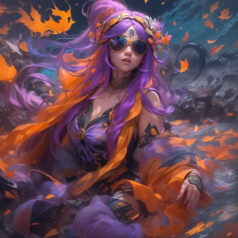 Chapter 3679 The Year of Cyberpunk（masterpiece，HD，超HD，32k lotus root starch）Bright purple flowing hair，autumn pond， lotus root starch color， Asian （Michiko）， （silk scarf）， fighting stance， looking at the ground， Orange gradient long hair， ((Thick frame ref...