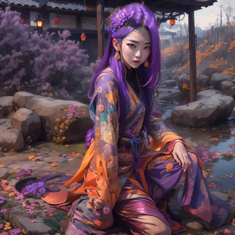 Chapter 3679 The Year of Cyberpunk（masterpiece，HD，超HD，32k lotus root starch）Bright purple flowing hair，autumn pond， lotus root starch color， Asian （Michiko）， （silk scarf）， fighting stance， looking at the ground， Orange gradient long hair， ((Thick frame ref...