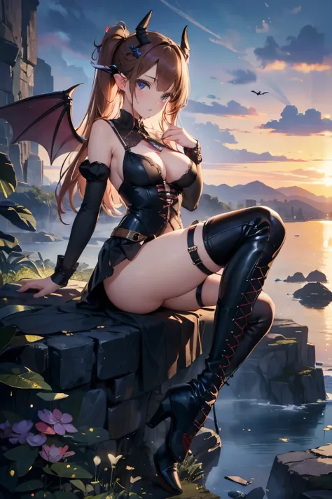 Delicate painting, beautiful girl carrying bat wings on her back, delicate face, seductive succubus, beautiful breasts, sexy costume, super miniskirt, (lace-up thigh-high boots: 1.3), sheer costume, fantasy, temptation, sitting, on a cliff Spreading above,...