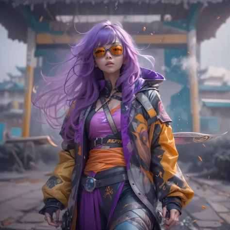 Chapter 3679 The Year of Cyberpunk（masterpiece，HD，超HD，32k lotus root starch）Bright purple flowing hair，autumn pond， lotus root starch color， Asian （Michiko）， （silk scarf）， fighting stance， looking at the ground， Orange gradient long hair， ((Thick frame ref...