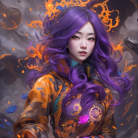 Chapter 3679 The Year of Cyberpunk（masterpiece，HD，超HD，32k lotus root starch）Bright purple flowing hair，autumn pond， lotus root starch color， Asian （Michiko）， （silk scarf）， fighting stance， looking at the ground， Orange gradient long hair， ((Thick frame ref...