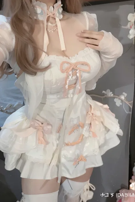 Hay una mujer con un vestido blanco y medias posando para una foto., lechuguillay outfit, Traje blanco hinchado, fantasy costume, estilo lolita, angelical bonita, monochrome white color!!!!!, dressed in a lechuguillay ((cord)), moda lolita, blanco y rosa, ...