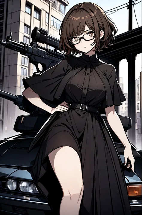 (best quality,4k,8k,highres,masterpiece:1.2), ultra-detailed, portrait, girl, black dress, light brown hair, short hair, big white colored pupils, mafia, round glasses, leaning against a car, holding a gun, fullbody 