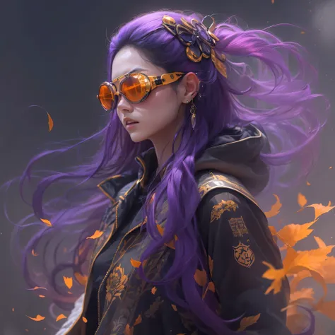 Chapter 3679 The Year of Cyberpunk（masterpiece，HD，超HD，32k lotus root starch）Bright purple flowing hair，autumn pond， lotus root starch color， Asian （Michiko）， （silk scarf）， fighting stance， looking at the ground， Orange gradient long hair， ((Thick frame ref...