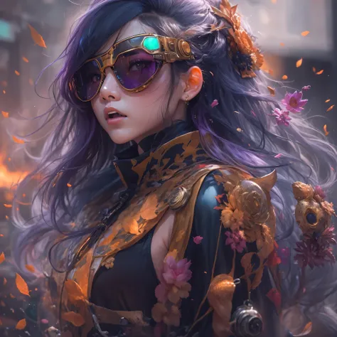 Chapter 3679 The Year of Cyberpunk（masterpiece，HD，超HD，32k lotus root starch）Bright purple flowing hair，autumn pond， lotus root starch color， Asian （Michiko）， （silk scarf）， fighting stance， looking at the ground， Orange gradient long hair， ((Thick frame ref...