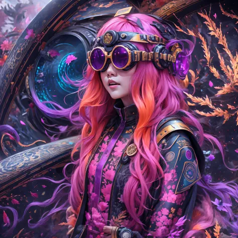 8679 Cyberpunk Year（masterpiece，HD，超HD，32k lotus root starch）Bright purple flowing hair，autumn pond， lotus root starch color， Asian （Michiko）， （silk scarf）， fighting stance， looking at the ground， Orange gradient long hair， ((Thick frame reflective jade wi...