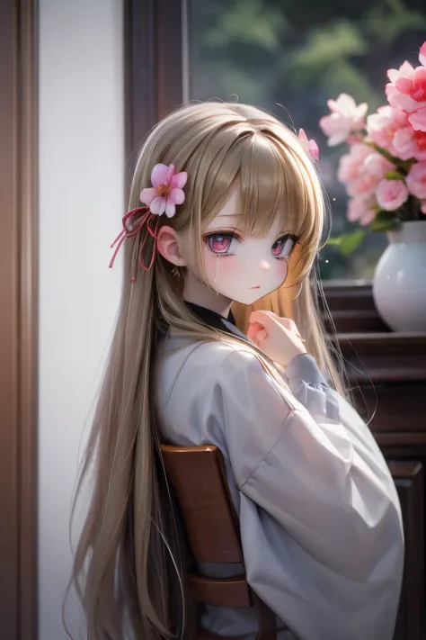 Doll standing in front of the painting、blonde、Face that cried、Thousands of miles away、pixiv、Rococo、dollfie dream、(high definition figures)、Flowing cherry colored silk、cherry blossom petals、Flowing cherry blossom silk、Taken from the side、Bokeh effect strong...