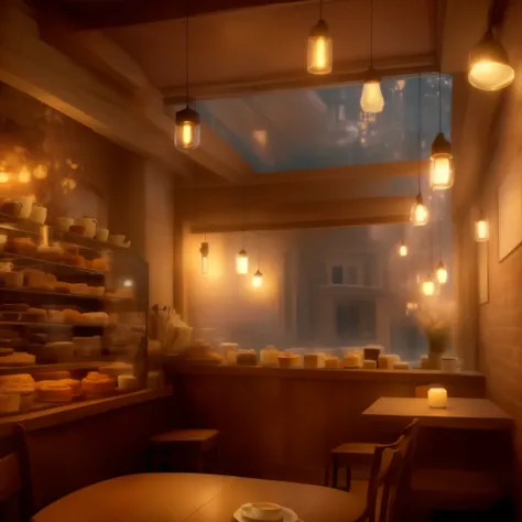 there is a small restaurant with a lot of lights on the windows, cozy cafe background, fantasy bakery interior setting, cozy atmosphere, pleasant cozy atmosphere, dimly-lit cozy tavern, cosy atmosphere, cozy atmospheric, cozy and peaceful atmosphere, atmos...