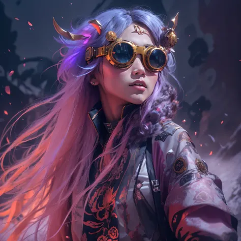 23679 Cyberpunk Year（masterpiece，HD，超HD，32k lotus root starch）Bright purple flowing hair，autumn pond， lotus root starch color， Asian （Michiko）， （silk scarf）， fighting stance， Looking at the starry sky， Orange gradient long hair， ((Thick frame reflective ja...