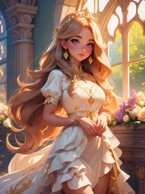 Wales goddess of love and beauty, castle window, flowers, brown straight hair, layered hairstyle, long white dress (princess stylish dress), bird on her side, mesmerizing looks, dreamy lights, magic castle, (best quality, 4k, 8k, highres, masterpiece:1.2),...