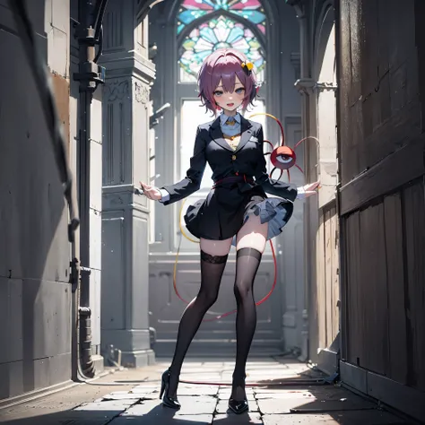 (Satori toho character:1.1), (solo), (standing), (stained glass), BREAK, short hair, large perky breasts, (inconceivably short torso), (inconceivably thin waist:1.2), (very long legs), BREAK, (tight black blazer:1.3), (black thighhighs:1.35), (very short b...