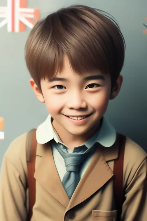 retro style boy,、short hair、earth color, 10 years old、smile