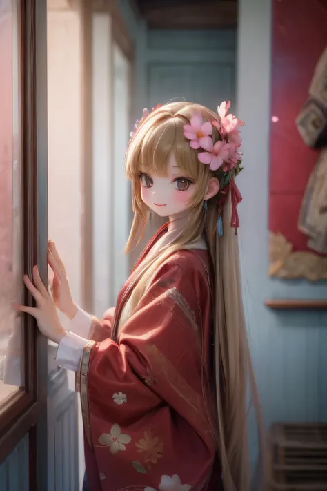 Doll standing in front of the painting、blonde、big smile、Rococo、(high definition figures)、Flowing cherry colored silk、cherry blossom petals、Flowing cherry blossom silk、Bokeh effect strong、season!!: 🌸 ☀ 🍂 ❄