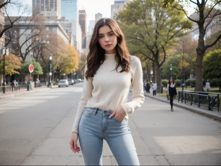 Style photography of a beautiful young woman, con botines beige y skinny blue jean, sueter de lana color mostaza (piel muy detallada: 1.2), Estilo lindo, En central park, pose de miss universo

