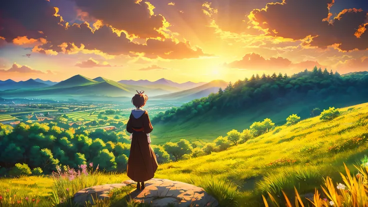 anime style、A woman looks at a distant landscape、A scenery that can be seen forever、Healed、Warm colors