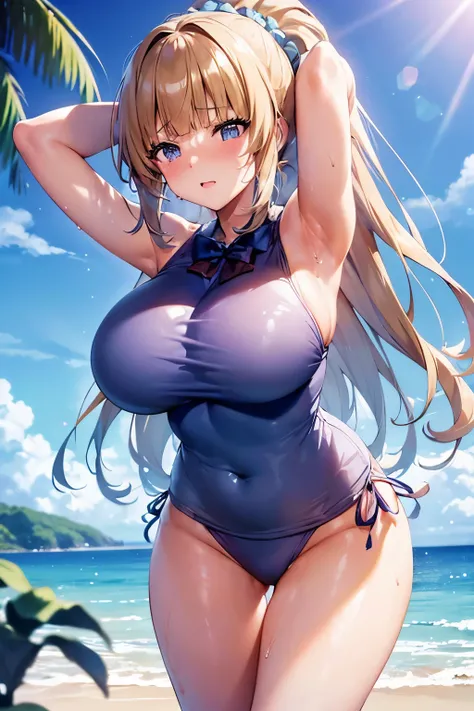 photo of kei karuizawa with large breasts and a huge ass and wearing a bikini doing squats on a beach with sunny weather,  (light skin), (sweating) ,(beautiful scenery),(perfect face), masterpiece, blush, 1girl, solo, smooth anime cg art, (hands behind hea...