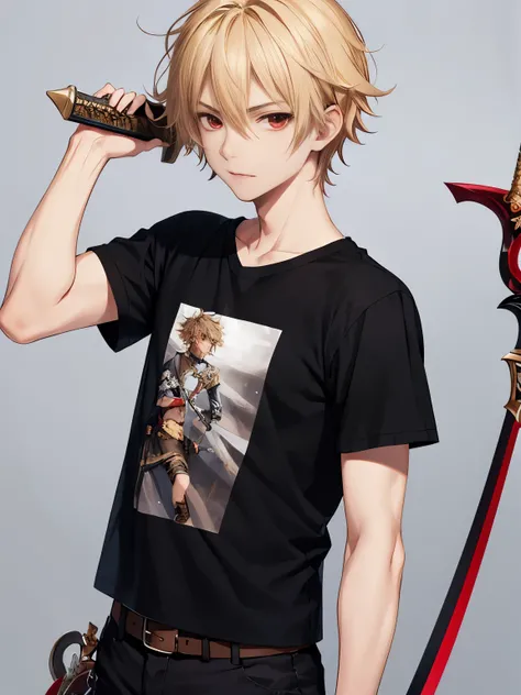 1 boy,18 years old,Hold the sword, walking in the fantasy world,handsome,messy hair,Perfect face, detailed face, short hair, blonde hair,half body photo,black t-shirt, short sleeve t-shirt,black trousers, red eyes, vampire