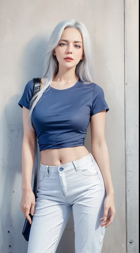 photorealistic, high resolution,masterpiece,best quality,ultra-detailed, 1women, mature female, blue eyes, solo, hips up, white hair, street wear, t-shirt, pants,crossbody bag