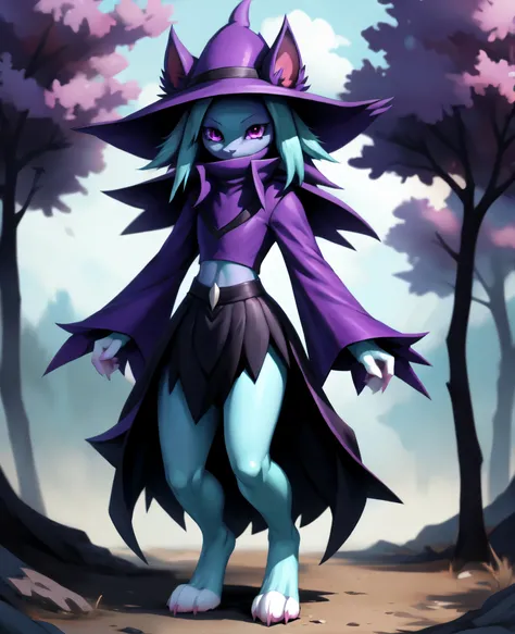 palkatress, anthro, solo, female, wearing purple wizards hat, spikes purple catears with white tips, purple eyes, purple collare...