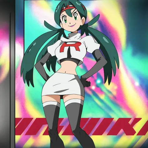 8k, anime screencap,1girl in, (solo:1.2), (perfect body:1.1), (best quality:1.1), very large breast, team rocket uniform, red le...