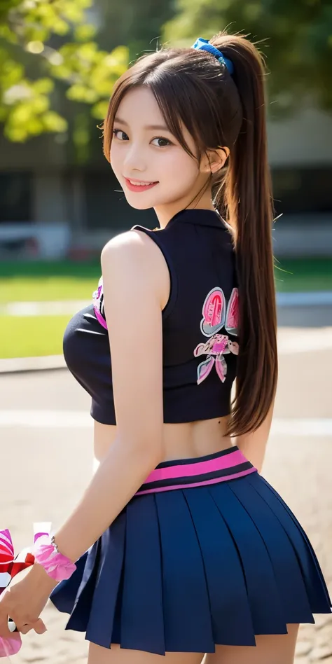 Pants visible from skirt, (japanese cheerleader:1.3), Close-up,  photograph, big breasts, (12 years old), young face, cute face, RAWphotograph, highest quality, High resolution, (table top), (photographrealistic:1.37), Professional photographgraphy, sharp ...