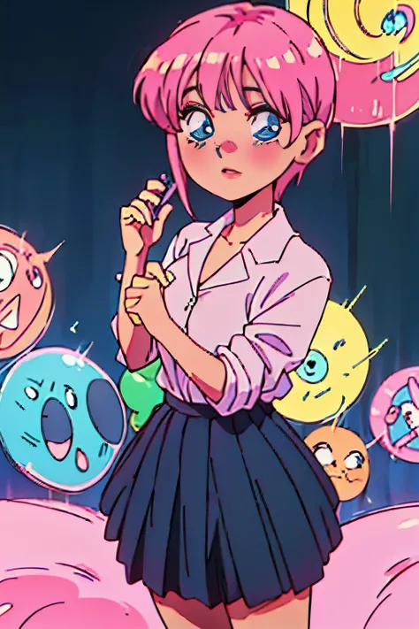 Vintage anime girl, 90s anime style, old animes, noise, chromatic aberration, good quality, old anime, naoko takeuchi style, vintage anime, sparkling big eyes,  sfw, pretty teenage girl with silky short pink hair, heart shaped lips and blue eyes making a c...