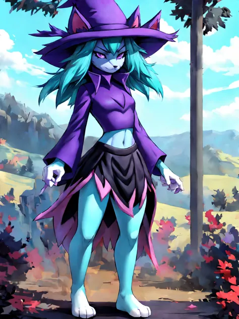 palkatress, anthro, solo, female, tall slender body, wearing purple wizards hat, spikes purple cat ears with white tips, purple ...