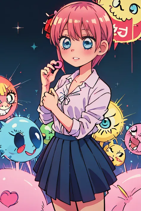 Vintage anime girl, 90s anime style, old animes, noise, chromatic aberration, good quality, old anime, naoko takeuchi style, vintage anime, sparkling big eyes,  sfw, pretty teenage girl with silky short pink hair, heart shaped lips and blue eyes making a c...