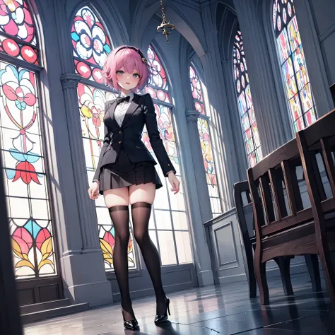 (satori toho character:1.1), (solo), (standing in church), (stained glass), break, short hair, large perky breasts, (inconceivab...