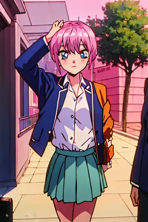 Vintage anime girl, 90s anime style, old animes, noise, chromatic aberration, good quality, old anime, naoko takeuchi style, vintage anime, sparkling big eyes,  sfw, pretty teenage girl with silky short pink hair, heart shaped lips and blue eyes making a c...