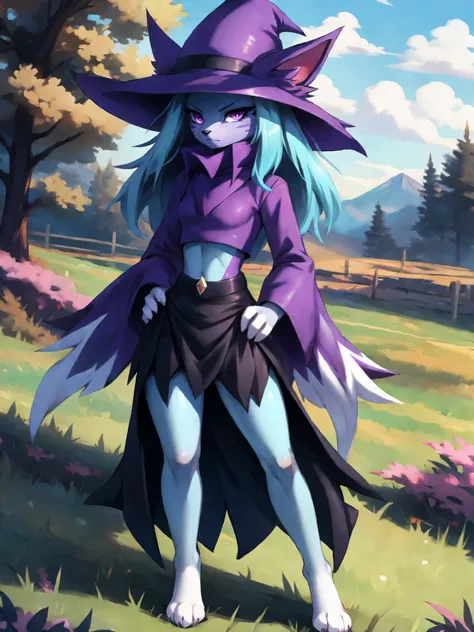 palkatress, anthro, solo, female, tall slender body, wearing purple wizards hat, spiked purple cat ears with white tips, purple ...