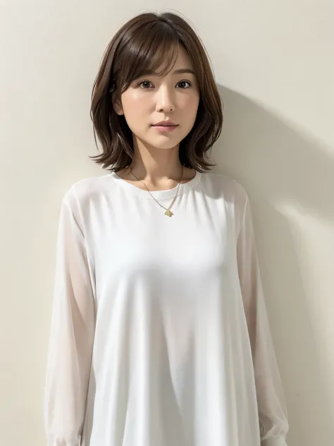 (Highly realistic photos, High resolution, detailed face, fine eyes), ((Taken in front of a white wall))、japanese woman, 40 years old, Variety of facial expressions, alone:1, slim figure, different hairstyles, casual clothes, Only one person appears in the...
