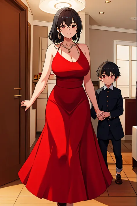 a woman in red dress holding her daughter's hand in a modern house