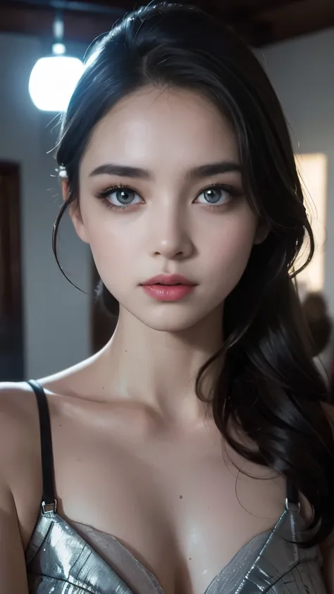 a a girl with delicate eyes and lips, bright and expressive. she has porcelain skin and long eyelashes, give her a charming look...