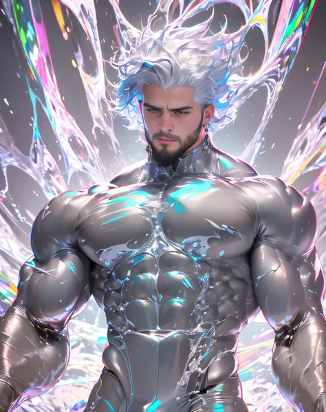(mid_shot:1.3),(1 male:1.2),(muscle man:1.1),(frontal illumination:1.2),with a silver body and glitters with lights above,extreme iridescent reflection,in the style of vray tracing,vibrantmanga,shiny/ glossy,rococo pastel,fluid form,tinycore,fluid impressi...