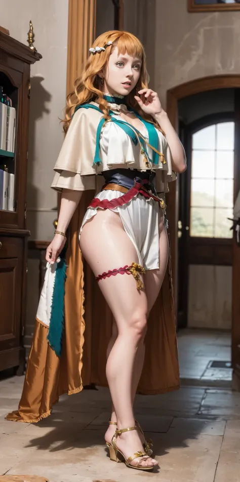 low angle, from below, wide hips, barefoot, choker, collar, full body standing symmetrical, 1girl, cowboy shot, beautiful mimosa_vermillion,long hair, bangs, green eyes, orange hair, mage_dress, golden_cape,mimosa_earrings, smile,room,indoors, volumetric l...