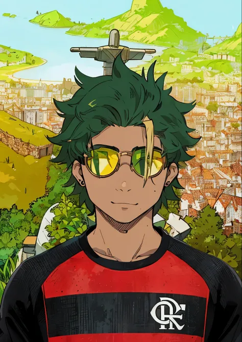 gangster male, 20 years old, glasses, brown skin, spiky green hair, smile