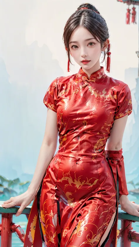 8k, best quality, (photorealistic:1.4), raw photo, 1girl, blue hair, dragon horn, china new year cheongsam,new year background