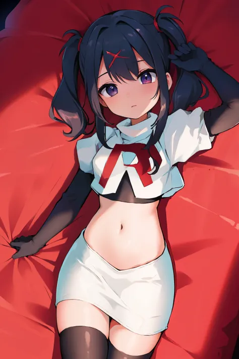 best quality, masterpiece, ame-chan, simple background, looking at viewer, team rocket,team rocket uniform,white skirt,red letter R,crop top,black thigh-highs,black elbow gloves