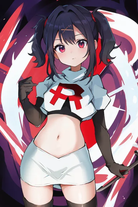 best quality, masterpiece, ame-chan, simple background, looking at viewer, team rocket,team rocket uniform,white skirt,red letter R,crop top,black thigh-highs,black elbow gloves