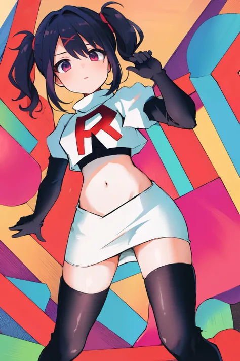 best quality, masterpiece, ame-chan, simple background, looking at viewer, team rocket,team rocket uniform,white skirt,red letter R,crop top,black thigh-highs,black elbow gloves