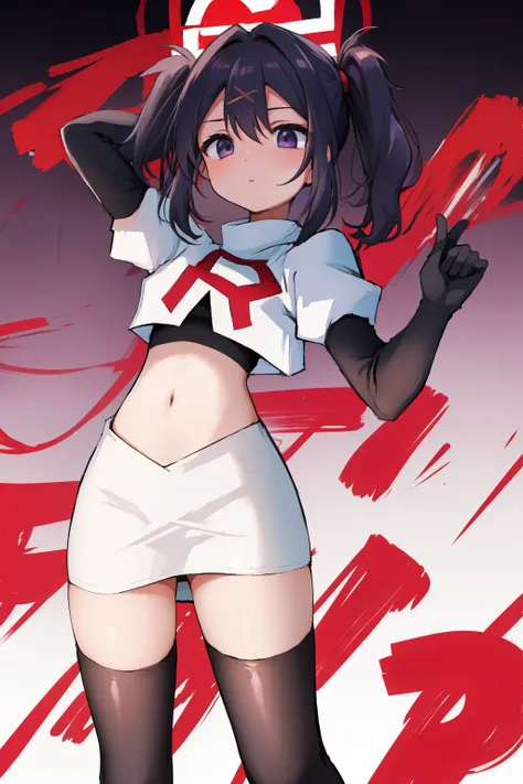 best quality, masterpiece, ame-chan, simple background, looking at viewer, team rocket,team rocket uniform,white skirt,red letter R,crop top,black thigh-highs,black elbow gloves