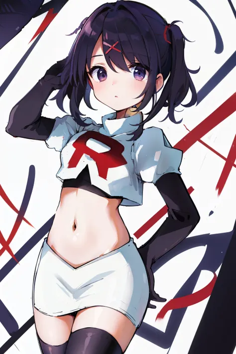 best quality, masterpiece, ame-chan, simple background, looking at viewer, team rocket,team rocket uniform,white skirt,red letter R,crop top,black thigh-highs,black elbow gloves