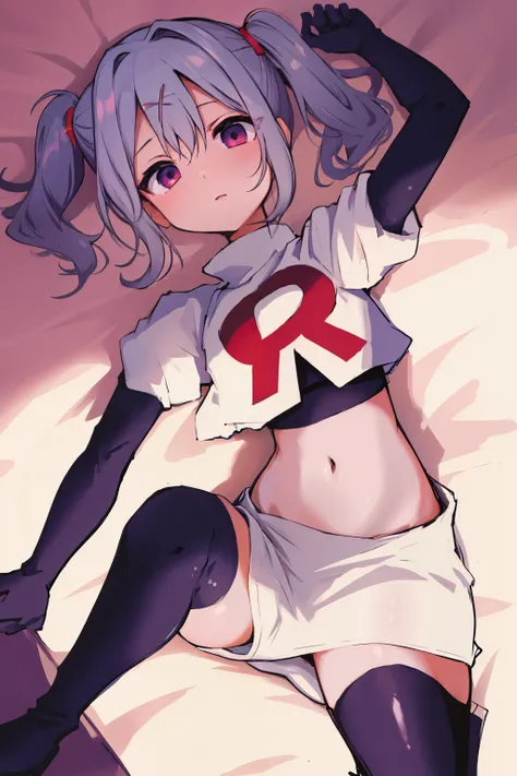 best quality, masterpiece, ame-chan, simple background, looking at viewer, team rocket,team rocket uniform,white skirt,red letter R,crop top,black thigh-highs,black elbow gloves