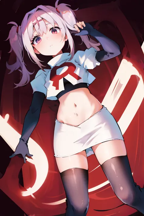 best quality, masterpiece, ame-chan, simple background, looking at viewer, team rocket,team rocket uniform,white skirt,red letter R,crop top,black thigh-highs,black elbow gloves
