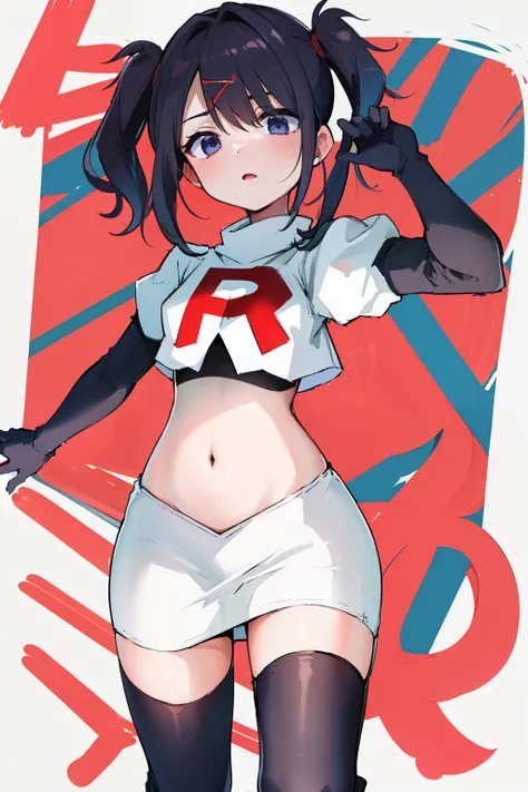 best quality, masterpiece, ame-chan, simple background, looking at viewer, team rocket,team rocket uniform,white skirt,red letter R,crop top,black thigh-highs,black elbow gloves