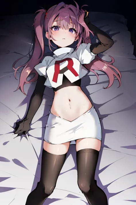 best quality, masterpiece, ame-chan, simple background, looking at viewer, team rocket,team rocket uniform,white skirt,red letter R,crop top,black thigh-highs,black elbow gloves