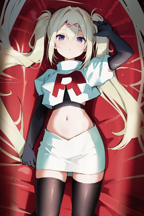 best quality, masterpiece, ame-chan, simple background, looking at viewer, team rocket,team rocket uniform,white skirt,red letter R,crop top,black thigh-highs,black elbow gloves