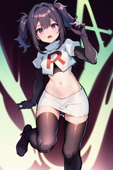 best quality, masterpiece, ame-chan, simple background, looking at viewer, team rocket,team rocket uniform,white skirt,red letter R,crop top,black thigh-highs,black elbow gloves