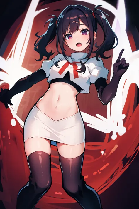 best quality, masterpiece, ame-chan, simple background, looking at viewer, team rocket,team rocket uniform,white skirt,red letter R,crop top,black thigh-highs,black elbow gloves